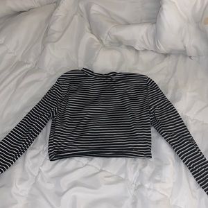 mock neck striped long-sleeve crop top